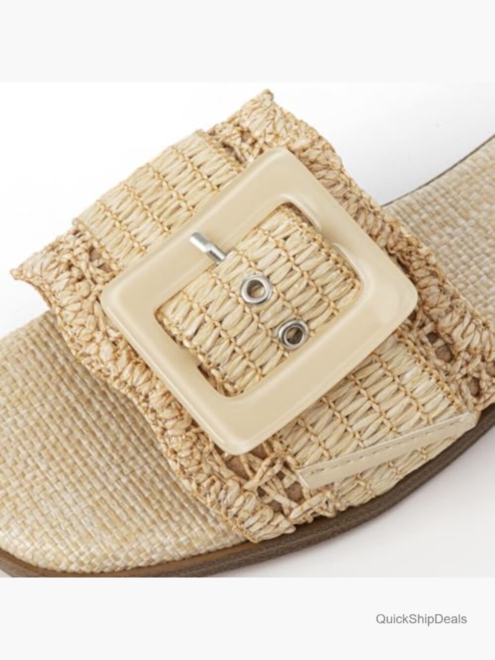 Raffia Flat Sandals Square Open Toe Slip On Woven Buckle Slide Sandals - Picture 5 of 7